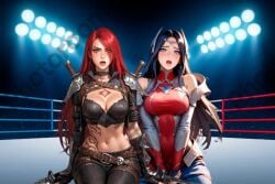 1futa 1girls ai_generated black_hair blue_hair catfight futanari irelia_xan katarina_du_couteau league_of_legends red_hair wrestling