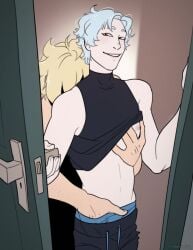 2boys areolae bare_arms bare_shoulders bedroom_eyes blonde_hair blue_hair blue_underwear blush boruto:_naruto_next_generations boruto:_naruto_the_movie boruto:_two_blue_vortex caught caught_in_the_act door doorway erect_nipples gay grope groping groping_from_behind hi_res high_resolution highres lips lipstick looking_at_viewer makeup male male/male male_only messy_hair mitsuki_(naruto) naruto naruto_(series) nipple_play nipples pink_lips pink_lipstick pink_nipples shounen_jump shueisha sleeveless sleeveless_shirt tank_top teallinum topless topless_male twink underwear uzumaki_boruto very_high_resolution weekly_shonen_jump weekly_shounen_jump yaoi yellow_eyes yellow_hair