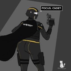 armor artist_signature ass big_ass cape dialogue feline fingerless_gloves helldiver_(helldivers) helldivers helldivers_2 helmet monochrome olivia-nsfwart pistol sketch thick_thighs trigger_discipline