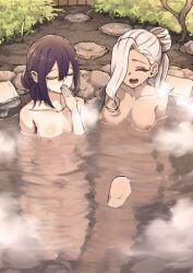 2girls bangs_over_one_eye big_breasts bushes closed_eyes dark-skinned_female dark_hair hair_bun hand_over_mouth in_bath in_water kaho_eira kimi_no_koto_ga_dai_dai_dai_dai_daisuki_na_100-nin_no_kanojo light-skinned_female meido_mei naked_female nipples onsen outdoors rocks shashadog18 small_breasts smiling the_100_girlfriends_who_really_really_really_really_really_love_you water white_hair