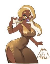 1girls artist_logo artist_name blonde_hair bracelet breasts cleavage dress dress_slit earrings frye_(frostyfest_2025) frye_(splatoon) gold_dress gold_hair inkling inkling_girl large_breasts little_blood looking_at_viewer nintendo open_mouth pointy_ears simple_background solo solo_female solo_focus splatfest splatoon splatoon_3 tentacle_hair white_background