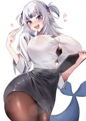 black_bra blue_eyes blue_highlights bursting_breasts button_down_shirt cleavage gawr_gura heart hololive hololive_english hololive_myth huge_breasts office_lady shark_tail sharp_teeth skirt smiling stockings teacher thick_thighs virtual_youtuber white_hair white_shirt