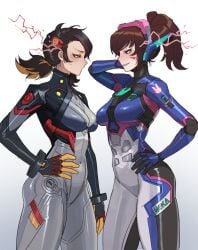 2_bodysuits 2d 2girls blizzard_entertainment blush bodysuit breasts brown_eyes brown_hair clothed clothing color d.va female female_focus female_only fit_female hi_res jpeg light-skinned_female light_skin marvel marvel_rivals medium_breasts overwatch overwatch_2 peni_parker peni_parker_(marvel_rivals) ratatatat74 short_hair solo_female suit tagme teenage_girl teenager thick_thighs wide_hips