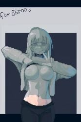 1girls animated areolae biting_lip blush blush_lines breasts breasts_out dr.stone dwls_ female female_only flashing flashing_breasts glasses large_breasts light-skinned_female light_skin medusa_(dr.stone) navel nervous nipples petrification pixel_art secretly_loves_it shaking solo statuefication sweat sweating sweatshirt tagme transformation trembling video