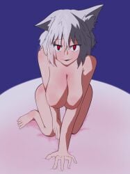 absurdres all_fours animal_ear_fluff animal_ears blue_background breasts chiaroscuro commentary_request completely_nude crawling female hanging_breasts highres inubashiri_momiji large_breasts looking_at_viewer nude parted_lips r0t0n0turugi red_eyes seductive_smile simple_background single_ear_down smile solo spotlight tail touhou white_hair wolf_ears wolf_tail zenra