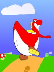 3:4 anus digital_drawing_(artwork) digital_media_(artwork) female feral genitals hi_res looking_at_viewer mario_bros nintendo ozodor pussy raised_leg raised_tail red_yoshi serious_face solo tail tail_anus tailbutt thick_tail yoshi