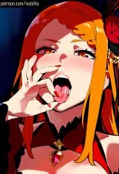 ai_generated blush fellatio_gesture finger_in_mouth fingers holding_tongue lips mouth_hold naughty naughty_face nutality open_mouth oral oral_invitation orange_eyes orange_hair princess priscilla_barielle re:zero_kara_hajimeru_isekai_seikatsu red_eyes red_nails sex_invitation sexually_suggestive teeth tongue tongue_out