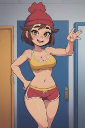 1girls ai_generated beanie blush brown_eyes brown_hair cleavage female female_focus mcyt minecraft minecraft_youtubers pixai qsmp qsmp_eggs red_beanie red_shorts shorts sports_bra tallulah_(qsmp) teenager thighs twitch.tv youtube youtubers