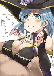 alicia_asher belko blue_eyes blue_hair blush breasts bridal_gauntlets cum cum_on_body cum_on_breasts cum_on_upper_body female halter_top halterneck hat kanpani_girls large_breasts paizuri paizuri_under_clothes shaun_(fallenicons) skull sweat text translation_request white_background witch_hat