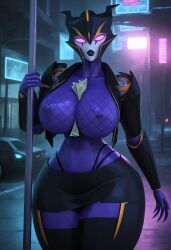 0 1robot_girl 3d ai_generated big_breasts breasts glowing_eyes helluva_boss looking_at_viewer nipples no_bra purple_body purple_eyes purple_skin robot_humanoid roger1011 thick_thighs thighs thong transformers transformers_prime