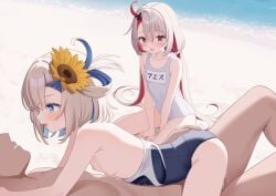 1boy 2girls adda ahoge azur_lane black_bow black_one-piece_swimsuit blonde_hair blue_eyes blue_hair bow commentary_request cowgirl_position cowgirl_position flower hair_between_eyes hair_flower hair_ornament hairbow highres libeccio_(azur_lane) looking_at_another maestrale_(azur_lane) multicolored_hair multiple_girls one-piece_swimsuit red_hair school_swimsuit siblings sisters straddling straight streaked_hair sunflower sunflower_hair_ornament swimsuit two-tone_hair white_hair white_one-piece_swimsuit