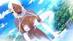 1girls breasts cleavage cloud dark-skinned_female dark_skin elbow_gloves elf ellelecia female_focus game_cg gloves happy large_breasts legs long_hair looking_at_viewer ma-ko_hunter munashi_mujou open_mouth pointy_ears purple_eyes river sky smile solo sunlight thighs tree water white_hair