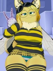 abdomen bee confusedsabron deep-sea_bunnies_(pressure) eyewear_on_head fox_ears insect_wings pantyshot roblox robloxian seductive seductive_look striped thighhighs upskirt wings