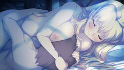 :> alicesoft areolae asterisk_(evenicle) bed between_breasts blush breast_press breast_smother breasts brown_hair closed_eyes croix_eden evenicle evenicle_(series) female game_cg highres large_breasts legs long_hair lying moonlight navel night nipples nude on_side pillow short_hair sleeping thighs yaegashi_nan