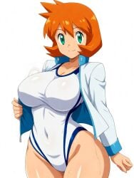 ai_generated bangs blush breasts cameltoe closed_mouth clothing competition_swimsuit covered_navel curvaceous female female_only green_eyes gym_leader highleg highleg_swimsuit huge_breasts jacket kasumi_(pokemon) large_breasts legs long_sleeves looking_at_viewer misty_(pokemon_hgss) navel one-piece_swimsuit open_clothes open_jacket orange_hair pokemon pokemon_character pokemon_gsc pokemon_hgss shiny_hair shiny_skin shirt short_hair smile solo standing swimsuit tank_suit thick_thighs thighs wet white_jacket white_one-piece_swimsuit white_swimsuit wide_hips