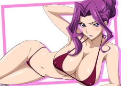 1girls arm_behind_head ass_visible_through_thighs bikini braid breasts cleavage code_geass commentary_request cornelia_li_britannia covered_nipples crown_braid drop_shadow halterneck highleg highleg_bikini highres large_breasts light_blush lipstick looking_at_viewer lying makeup medium_hair micro_bikini moeshino navel on_side parted_bangs purple_eyes purple_hair purple_lips red_bikini simple_background solo swimsuit twitter_username