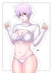 big_breasts boob_window canon_genderswap cleavage cleavage_cutout cowboy_shot crop_top female female_only genderswap_(mtf) ginko_sakata gintama gintoki_sakata looking_at_viewer pale-skinned_female pale_skin red_eyes robi_(robinson) rule_63 short_hair shrug_(clothing) solo sweater thick_thighs tied_shirt turtleneck very_short_hair white_hair white_panties