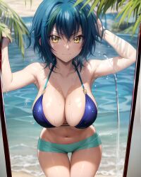 1girl ai_generated armpits arms_up bare_arms bare_shoulders beach bikini bikini_shorts bikini_top_only blue_bikini blue_bikini_top blue_hair blurry blurry_background blush breasts cleavage closed_mouth collarbone cowboy_shot day female green_hair hair_between_eyes hair_intakes halterneck high_school_dxd large_breasts looking_at_viewer multicolored_hair navel o-ring o-ring_bikini ocean outdoors pixiv rena_aikawa_(pixiv_user) short_hair short_shorts shorts smile solo stable_diffusion standing stomach streaked_hair swimsuit tagme teal_shorts thigh_gap thighs two-tone_hair water water_drop wet wet_hair xenovia_quarta yellow_eyes