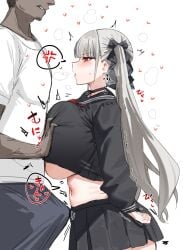 1boy 1girls anger_vein azur_lane black_shirt black_skirt blue_pants blush breast_grab breasts choker clenched_teeth dark-skinned_male dark_skin erection erection_under_clothes formidable_(azur_lane) formidable_(the_lover's_heart_flutters_on_duty)_(azur_lane) grabbing heart hi_res horn/wood huge_breasts japanese_text long_hair miniskirt navel no_bra official_alternate_costume parted_lips pleated_skirt red_eyes sailor_collar serafuku simple_background size_difference speech_bubble stomach straight teeth twintails underboob white_background white_shirt