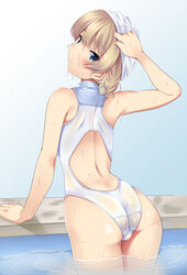 ass blonde_hair blue_eyes darjeeling female girls_und_panzer highres looking_back nksk one-piece_swimsuit pool see-through solo swim_cap swimsuit water wet