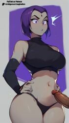 ai_generated big_breasts dick grey_skin hands_on_hips purple_eyes purple_hair raven_(dc) short_hair sports_bra sports_panties stable_diffusion surprised teen_titans thick_thighs wide_hips