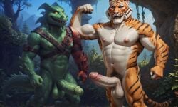 2boys ai_generated animal_ears anthro big_balls big_muscles big_nipples big_pecs big_penis booster_rex completely_nude completely_nude_male daddy day dragon erect_nipples erection feet_out_of_frame feline fortnite furry furry_male gay green_body huge_balls huge_cock huge_muscles huge_nipples huge_pecs hybrid_(fortnite) looking_at_viewer male male_only muscles muscular muscular_anthro muscular_male navel nipples oscar_(fortnite) tail tiger yellow_eyes