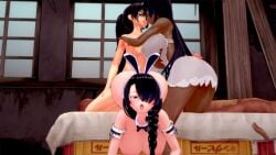 1boy 2girls 2girls1boy akinama_family_(noir-black-shooter) big_breasts big_penis black_hair blue_eyes dark-skinned_female dark_blue_hair egyptian egyptian_female green_eyes grey_eyes huge_breasts huge_cock kissing koikatsu megan_(noir-black-shooter) nepthys_himejima_(noir-black-shooter) noir-black-shooter oc original original_character silver_eyes takeshi_akinama_(noir-black-shooter)