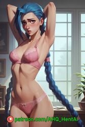 ahq_hentai ai_generated arcane arcane_jinx blue_hair blush breasts jinx_(league_of_legends) league_of_legends pink_bra pink_eyes pink_panties shy stable_diffusion standing underwear