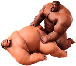 2boys anal_penetration anal_sex animated beard chest_hair chubby dark-skinned_male erect_nipples erection facial_hair gay kneeling legs_held_open lying_on_back male male_only multiple_males muscle_gut nude open_mouth overweight penis spread_legs thrusting_into_ass wince yaoi