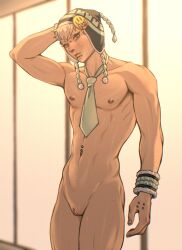 1boy beanie beanie_hat blonde_hair blonde_hair_male clitoris_piercing cuntboy dramatical_murder genital_piercing green_eyes hat intersex male male_only multiple_piercings naked naked_male noiz_(dramatical_murder) pierced_belly_button pierced_nipples piercing pussy ren_valentine solo solo_male standing tie top_surgery_scars