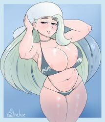 2025 anekoe98 arms_up big_breasts bikini blonde_hair blue_background blue_bikini blue_eyes breasts cleavage female female_only hands_on_head long_hair melony_(pokemon) nintendo nipple_peek pink_lips pokemon pokemon_trainer thick_thighs thighs