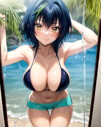 1girl ai_generated arm_behind_head arm_up armpits arms_up bare_arms bare_shoulders beach bikini bikini_shorts bikini_top_only black_bikini black_hair blue_bikini blue_bikini_top blue_hair blue_shorts blurry blurry_background blush breasts cleavage closed_mouth collarbone cowboy_shot day female green_hair hair_between_eyes hair_intakes halterneck high_school_dxd large_breasts leaning_forward looking_at_viewer medium_hair multicolored_hair navel ocean outdoors palm_leaf palm_tree pixiv rena_aikawa_(pixiv_user) short_hair short_shorts shorts smile solo stable_diffusion standing stomach streaked_hair swimsuit tagme teal_shorts thigh_gap thighs tree two-tone_hair water water_drop wet wet_hair xenovia_quarta yellow_eyes