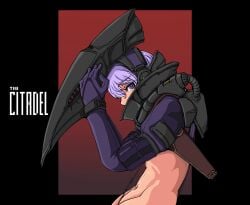 black_background crop_top crotch_strap doekuramori english_text eyebrows eyelashes female female_focus gloves gradient_background helmet holster looking_at_viewer martyr_(the_citadel) matching_hair/eyes navel official_art purple_eyes purple_gloves purple_hair purple_shirt red_background removing_helmet shirt short_hair simple_background solo the_citadel the_martyr title unworn_headwear unworn_helmet