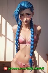 ahq_hentai ai_generated arcane arcane_jinx blue_hair blush breasts jinx_(league_of_legends) league_of_legends pink_bra pink_eyes pink_panties shy stable_diffusion standing underwear