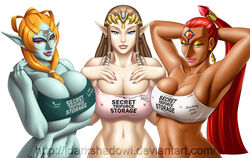 3girls alternate_breast_size armpits arms_up big_breasts blue_eyes braid breast_squish breasts brown_hair bursting_breasts circlet cleavage clothes_writing dark_skin earrings erect_nipples female female_only gerudo hands_behind_head hourglass_figure huge_breasts large_breasts licking_lips long_hair midna multiple_girls nabooru navel nintendo ocarina_of_time orange_hair pointy_ears ponytail princess_zelda red_eyes red_hair skimpy smile take_your_pick tank_top the_legend_of_zelda thedarkness tied_hair tongue twili_midna twilight_princess underboob yellow_eyes yellow_sclera zelda_(twilight_princess)