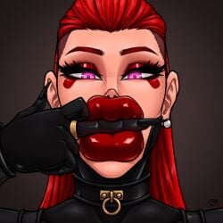 bimbo bimbo_lips collar earrings finger_in_mouth full_lips glowing_eyes huge_lips hyper_lips latex latex_clothing latex_gloves latex_suit lips lipstick long_hair looking_at_viewer pink_eyes pov raiounsfw red_hair red_lipstick spice_(hotsriracha)