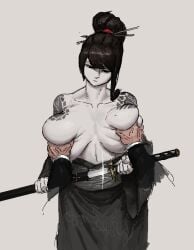 1girls artist_request bare_shoulders black_eyes black_hair breast_grab expressionless female female_focus female_only grabbing_breasts gray_background groping hair_bun hair_stick holding_weapon katana kimono library_of_ruina looking_at_viewer mole mole_on_breast off_shoulder pale-skinned_female pale_skin project_moon sayo_(library_of_ruina) shoulder_tattoo simple_background sword tattoo tied_hair unsheathing