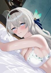 absurdres armpits bed bra breasts firefly_(honkai:_star_rail) grey_hair hair_between_eyes hair_ornament hair_ribbon hairband highres honkai:_star_rail honkai_(series) large_breasts on_bed ribbon underwear user_xymy8877