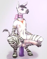 2015 anal anal_insertion anal_sex animal_genitalia anthro atrolux balls blush crouching dildo dildo_sitting equine furry girly hooves horsecock insertion male mammal mio nipples open_mouth penetration penis precum sex_toy zebra