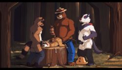 absurd_res actry anthro black_bars bodily_fluids deli_(delirost) genital_fluids group hi_res letterbox male male/male ranger_rick smokey_bear united_states_forest_service urine watersports yox