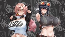 2girls absurdres alternate_breast_size arm_up armpits arms_up bangboo_(zenless_zone_zero) belt black_choker black_gloves black_hair breasts character_background choker cleavage crop_top cropped_jacket english_commentary fingerless_gloves gloves goggles goggles_on_head grace_howard green_eyes grey_background grey_sports_bra hair_ornament hairclip highres huge_breasts jewelry leux21eraser long_hair looking_at_viewer midriff mole mole_on_breast multiple_girls navel nicole_demara parted_lips pendant pink_hair raised_eyebrows red_eyes sports_bra stomach strapless tube_top two_side_up upper_body white_tube_top zenless_zone_zero zipper_pull_tab