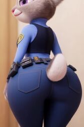 ai_animation ai_generated ai_generated_video ai_video animated anthro ass_focus belt big_ass blue_jeans blush bunny_tail busty curvy facing_away female female_only from_behing furry hi_res highres jeans judy_hopps police_uniform seraphim_ai short_video smile solo tagme tight_jeans turning video zootopia