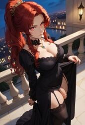 1futa ai_generated balcony black_legwear black_stockings choker cleavage dress dress_aside flaccid from_above futa_only futanari garter_straps jamesbron large_breasts legwear long_hair looking_at_viewer necklace night no_panties penis ponytail red_eyes red_hair revealing_penis solo solo_futa standing stockings thighs