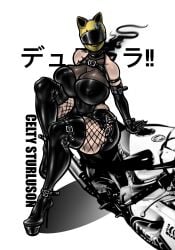 breasts_bigger_than_head buckle cat_ear_helmet cat_ears celty_sturluson colored durarara!! edit fishnets helmet huge_breasts latex motorcycle motorcycle_helmet pinup tagme