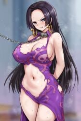 black_hair blue_eyes blush boa_hancock bondage bound_arms cleavage ear_piercing earrings large_breasts long_hair looking_at_viewer one_piece r-binon slave slave_collar slavegirl sweat thick_thighs thighhighs thighs torn_clothes torn_clothing wide_hips