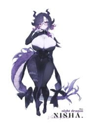 1girls 49am big_breasts character_sheet cleavage dragon_horns dragon_tail english_text exposed_shoulders female large_breasts mole_under_eye nisha_valentine pink_eyes purple_hair short_hair