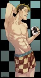 abs arm_up boxers bronco_knight checkered_background gyakuten_saiban holding_mug holding_object male male_focus male_only mohawk muscular pantsless shirtless solo tired underwear