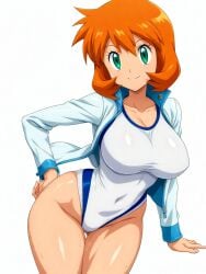 ai_generated bangs blush breasts cameltoe closed_mouth clothing competition_swimsuit covered_navel curvaceous female female_only green_eyes gym_leader highleg highleg_swimsuit huge_breasts jacket kasumi_(pokemon) large_breasts legs long_sleeves looking_at_viewer misty_(pokemon_hgss) navel one-piece_swimsuit open_clothes open_jacket orange_hair pokemon pokemon_character pokemon_gsc pokemon_hgss shiny_hair shiny_skin shirt short_hair smile solo standing swimsuit tank_suit thick_thighs thighs wet white_jacket white_one-piece_swimsuit white_swimsuit wide_hips