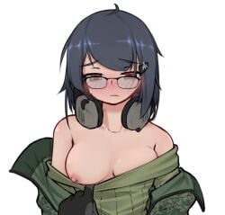 armedshipyard black_hair blush glasses headphones headphones_around_neck nipple_piercing nipples non-web_source one_breast_out original piercing short_hair tagme