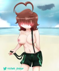 alyssa(lewdsyrup) aylssa(lewdsyrup) beach big_breasts blush brown_hair cute earrings embarrassed embarrassed_nude_female female female_only flashing flashing_breasts hair huge_breasts human lewd_syrup lewdsyrup male_swimwear male_swimwear_challenge mens_swimsuit_challenge no_bra no_eyes no_panties oc original_character swimsuit